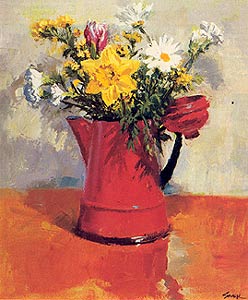 "Red Coffee Pot and Flowers"