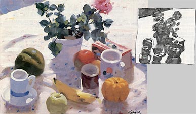 Still Life with Geraniums, Fruit and Cups